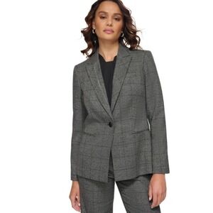 Calvin Klein Women Grey Glen Plaid Single Button Blazer Jacket Size 12 NWT